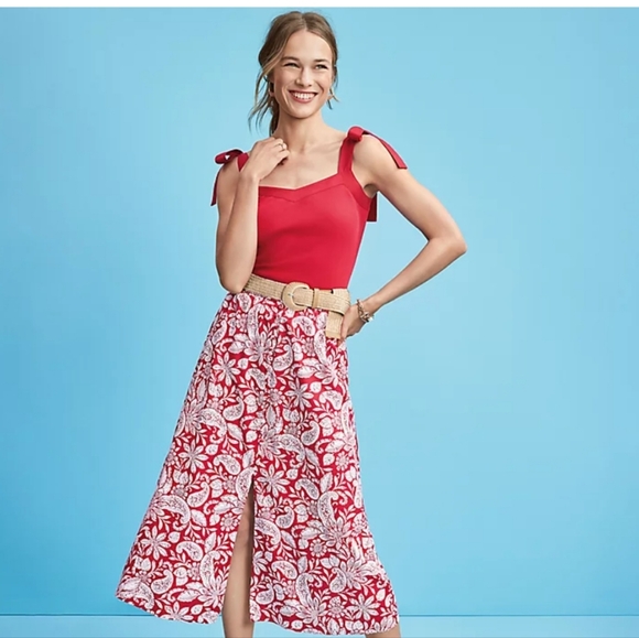 LOFT Dresses & Skirts - LOFT Paisley Tropical Print Button Front Midi Skirt in Red